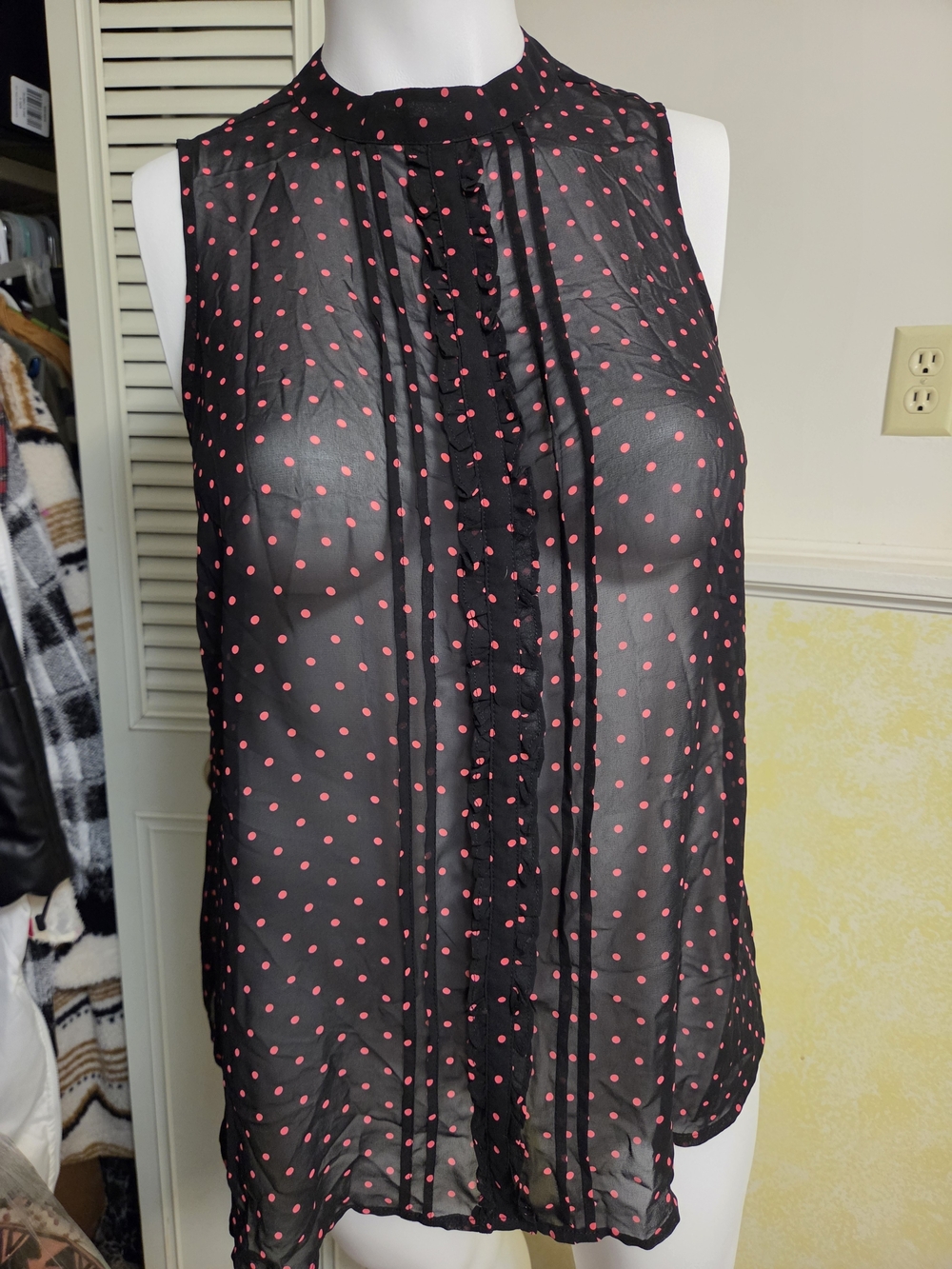 torrid Black Sheer Sleeveless Blouse with Pink Polka Dots
